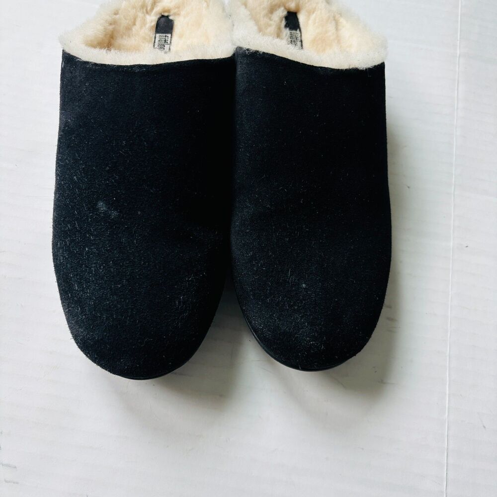 FitFlop Chrissie Shearling Slipper Mule Black Suede Womens Size 9 Cabin Chic - Picture 4 of 10